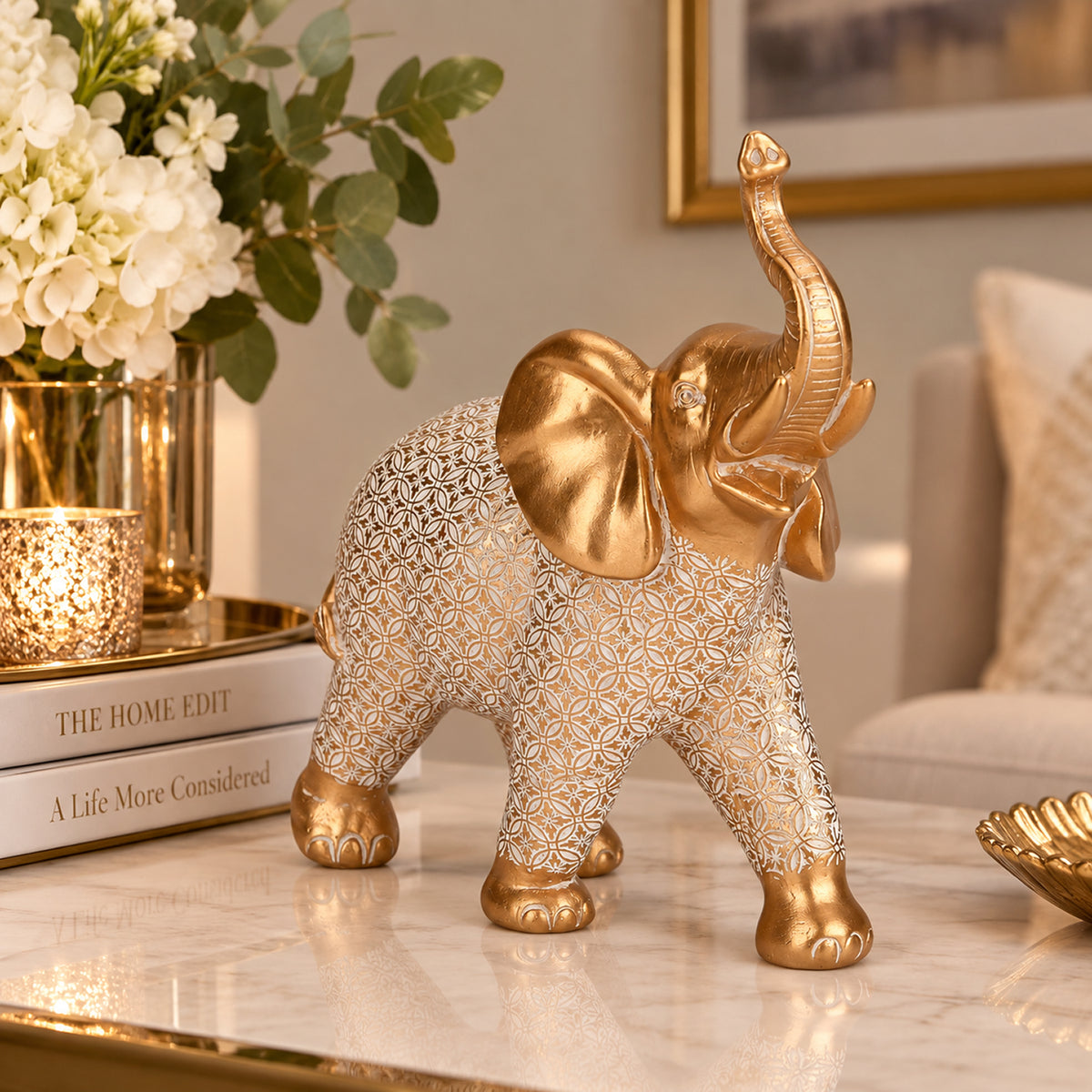 Bliss &amp; Beyond White-Coated Antique Elephant with Gold Foil V32575648 0