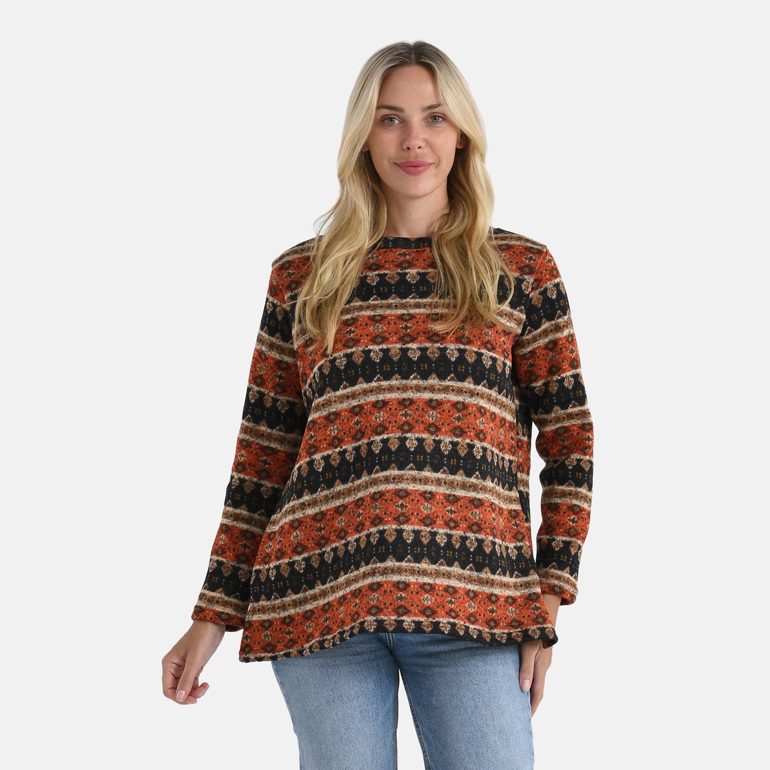Super Cozy Tamsy Brush Stretch Jersey Jumper (One Size) - Orange, Black &amp; Brown 8217722 0