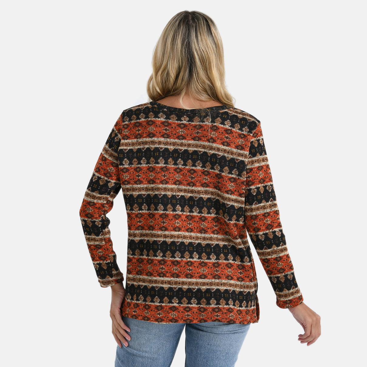Super Cozy Tamsy Brush Stretch Jersey Jumper (One Size) - Orange, Black &amp; Brown 8217722 1