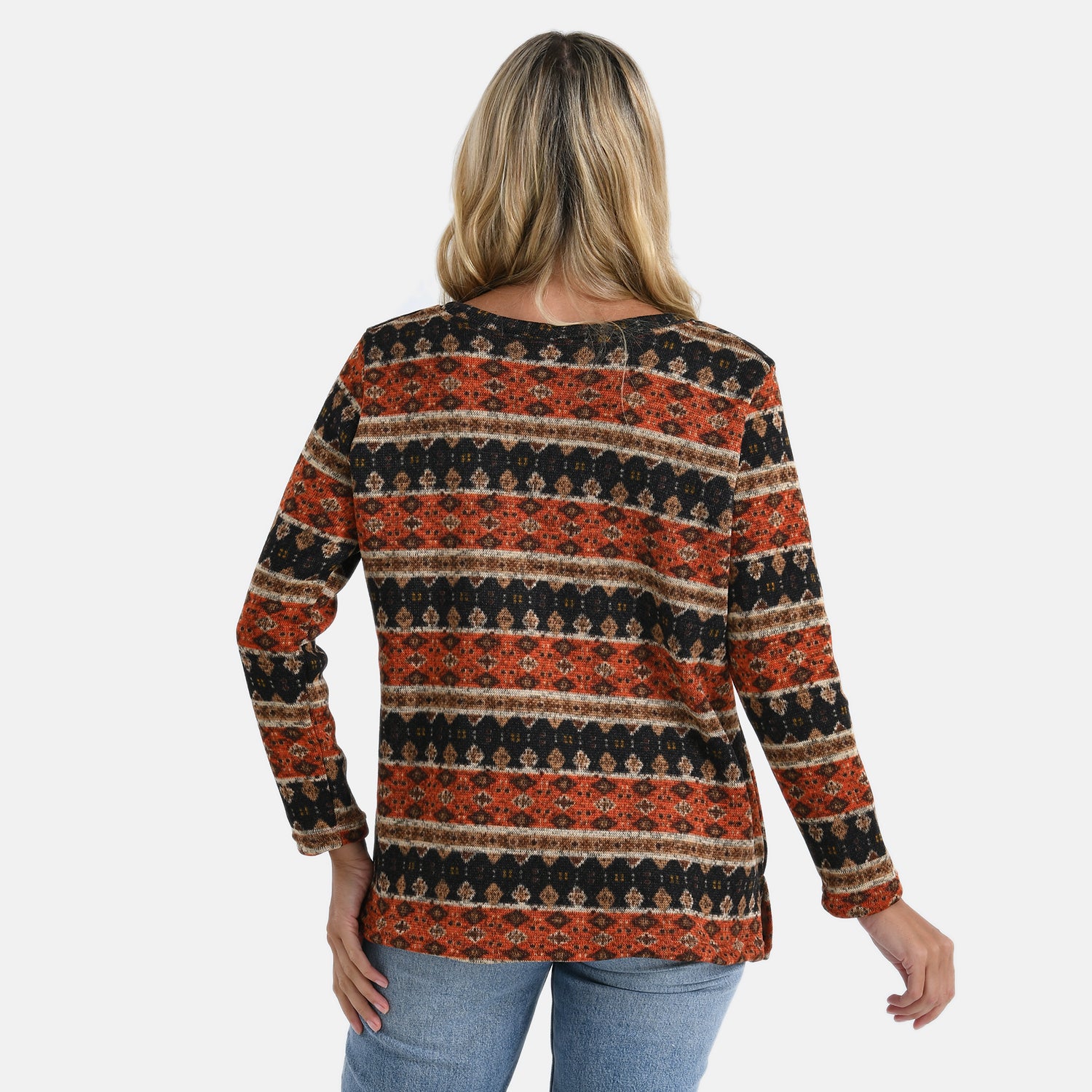 Super Cozy Tamsy Brush Stretch Jersey Jumper (One Size) - Orange, Black &amp; Brown 8217722 1