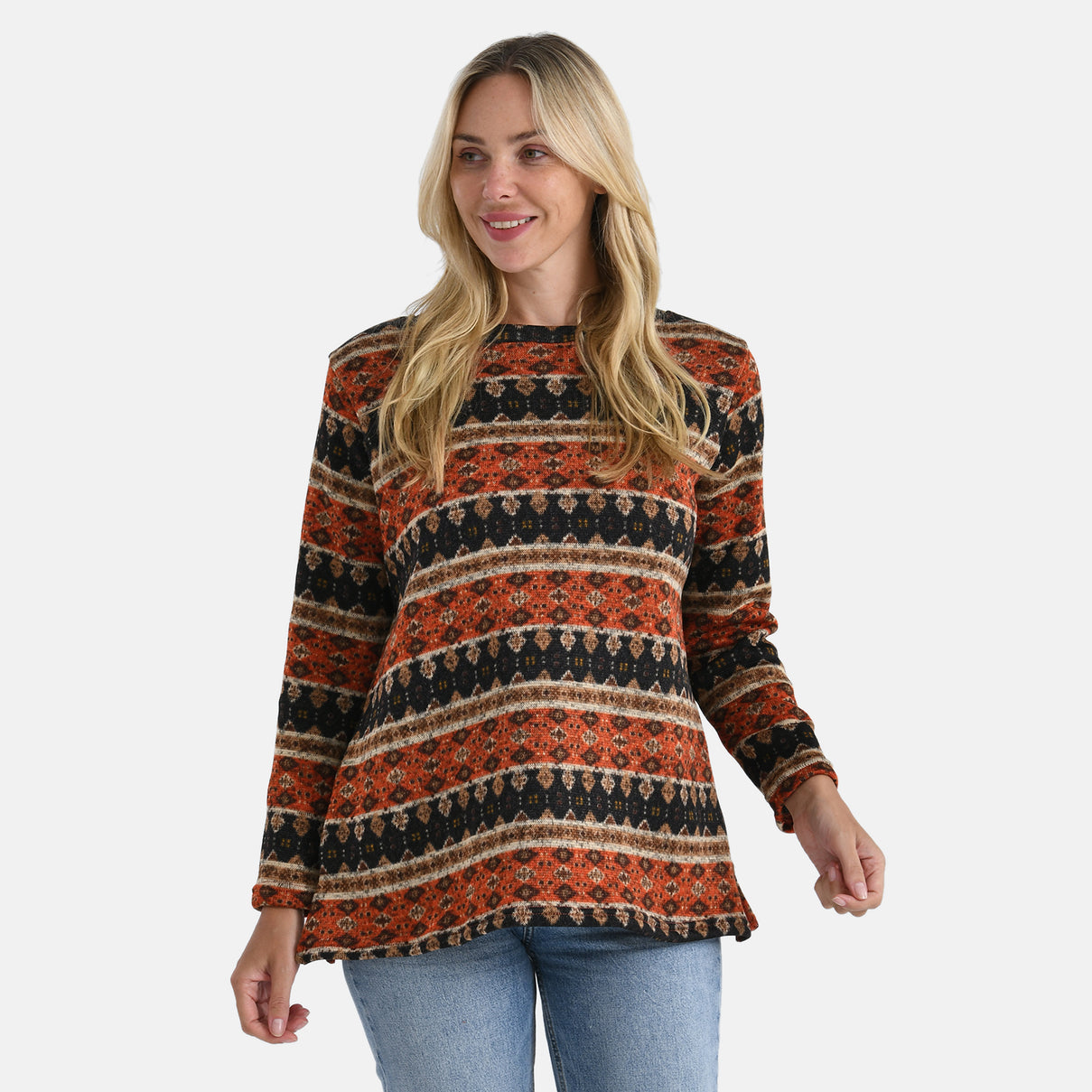 Super Cozy Tamsy Brush Stretch Jersey Jumper (One Size) - Orange, Black &amp; Brown 8217722 3