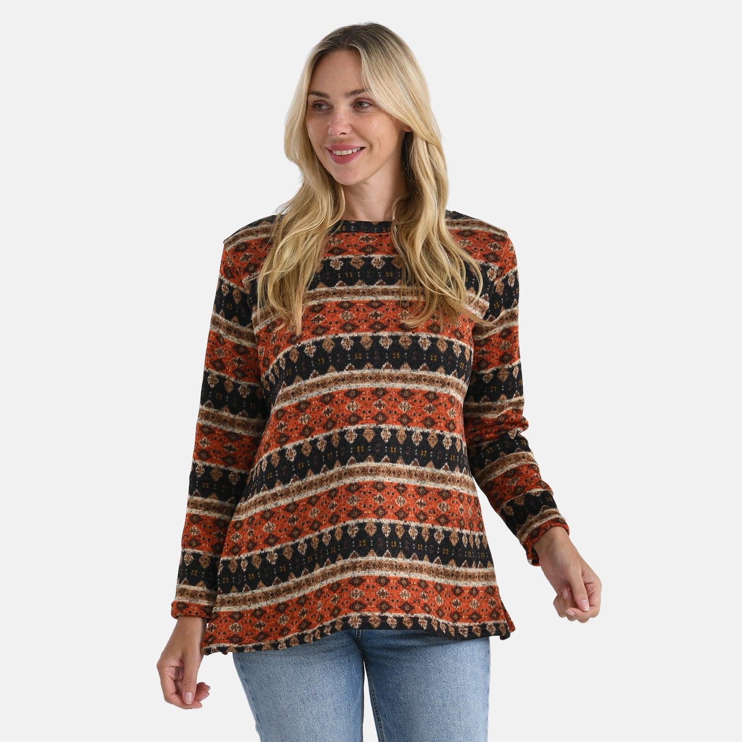 Super Cozy Tamsy Brush Stretch Jersey Jumper (One Size) - Orange, Black &amp; Brown 8217722 3