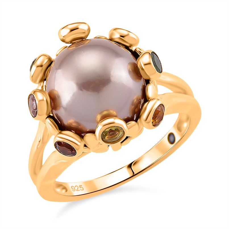 GP Multi Color Edison Pearl, Kanchanaburi Blue Sapphire & Multi-Tourmaline Ring in Yellow Gold Plated Sterling Silver 9.77 Ct, Silver Wt. 5.50 Gms._8223567