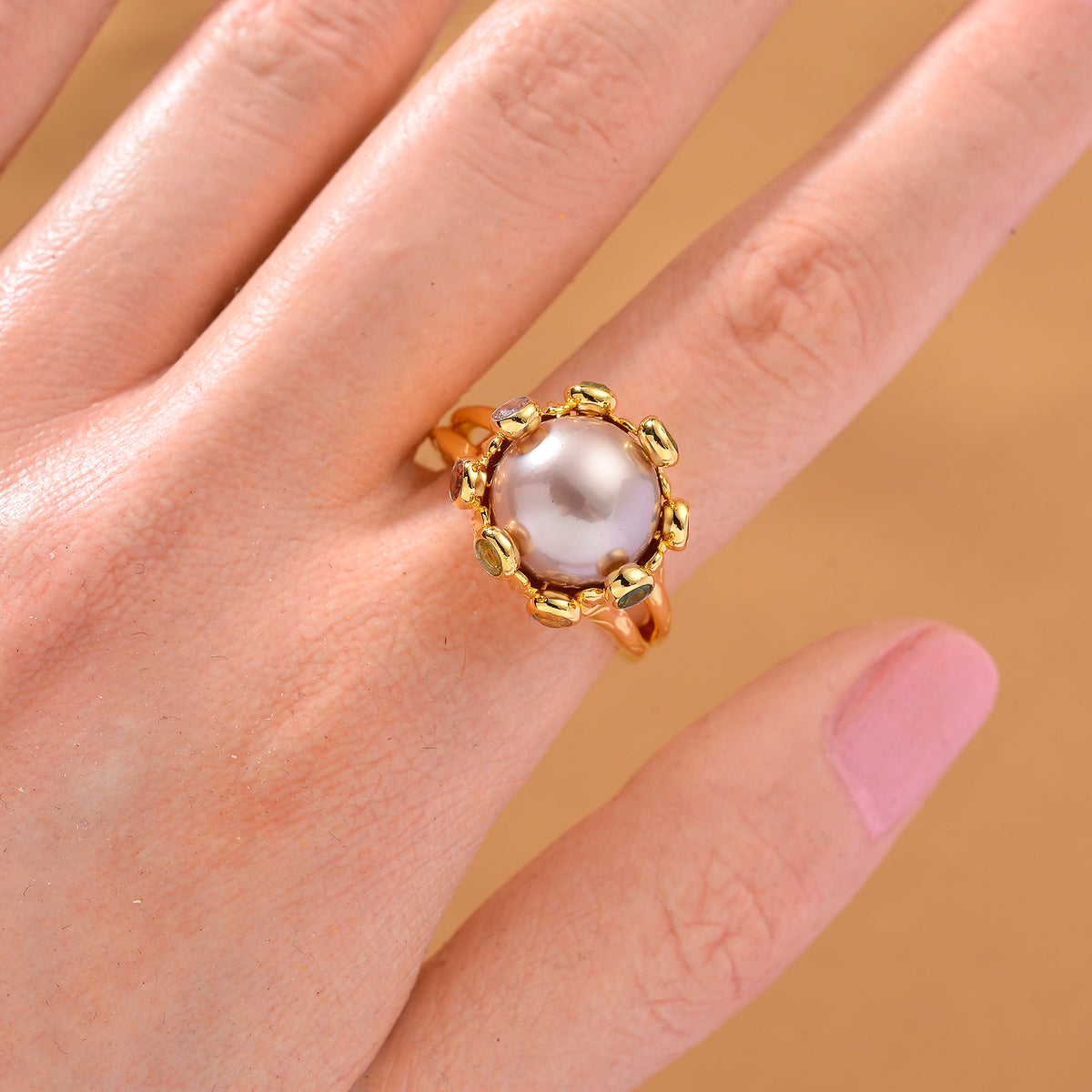GP Multi Color Edison Pearl, Kanchanaburi Blue Sapphire &amp; Multi-Tourmaline Ring in Yellow Gold Plated Sterling Silver 9.77 Ct, Silver Wt. 5.50 Gms. 8223567 3
