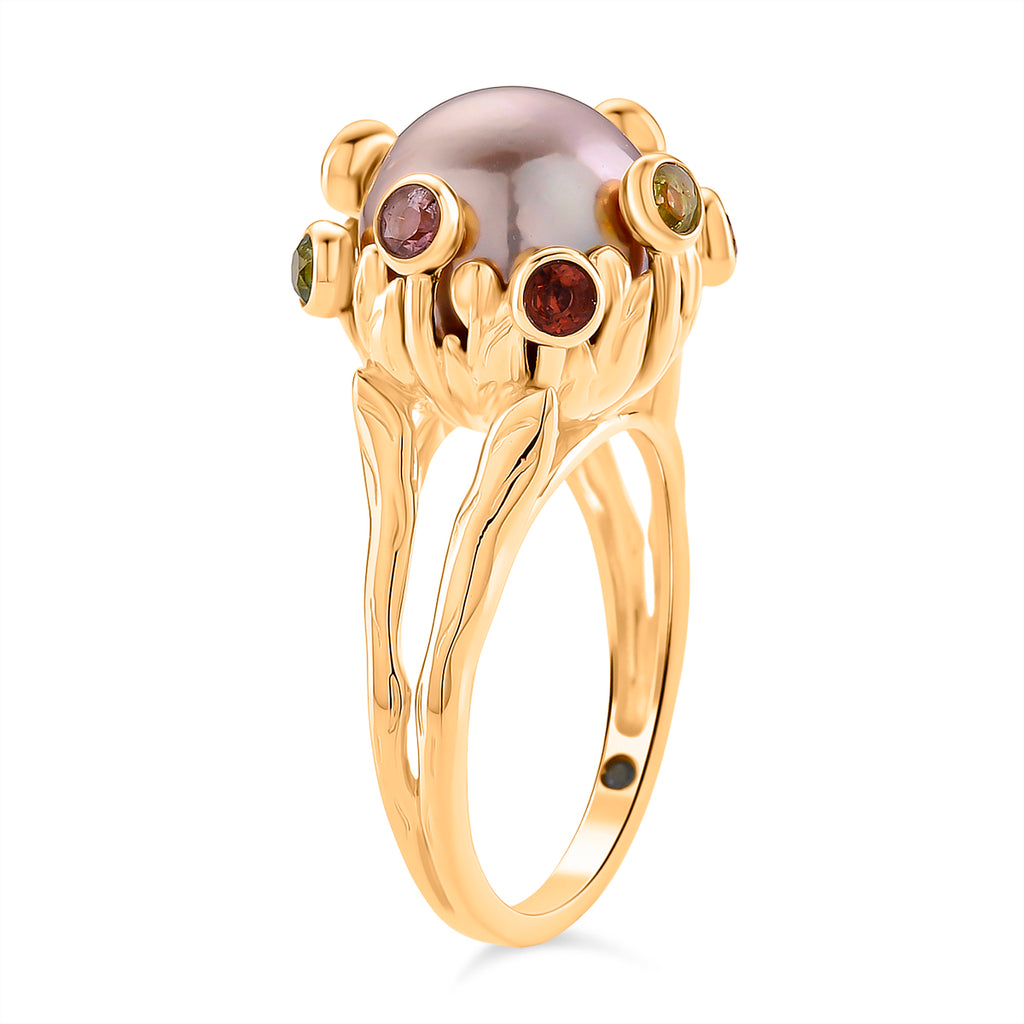 GP Multi Color Edison Pearl, Kanchanaburi Blue Sapphire & Multi-Tourmaline Ring in Yellow Gold Plated Sterling Silver 9.77 Ct, Silver Wt. 5.50 Gms._8223567_3