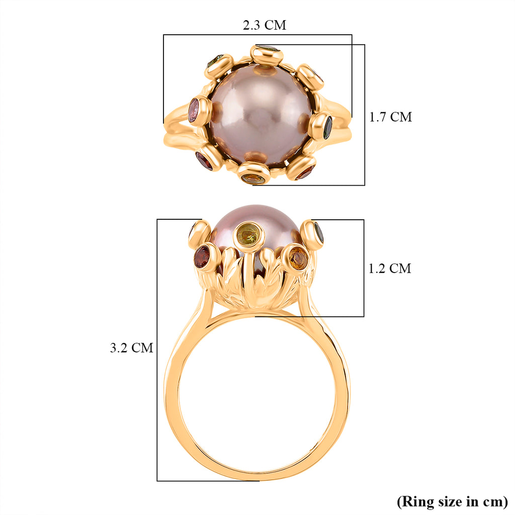 GP Multi Color Edison Pearl, Kanchanaburi Blue Sapphire & Multi-Tourmaline Ring in Yellow Gold Plated Sterling Silver 9.77 Ct, Silver Wt. 5.50 Gms._8223567_5