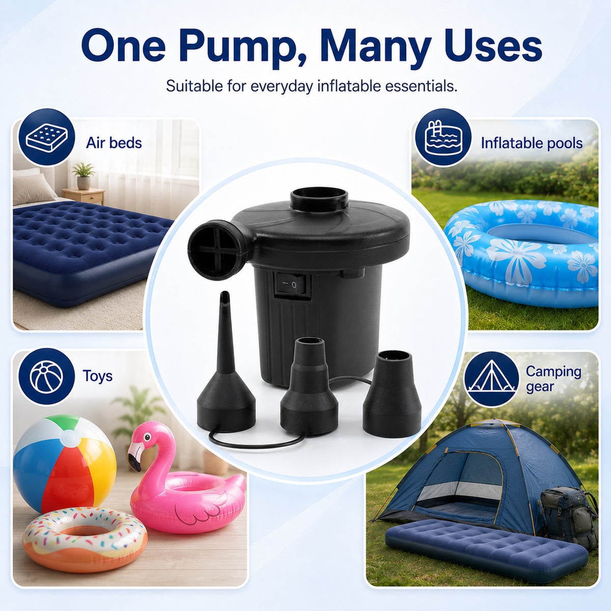 Electric Air Pump - Multi Use For Air Beds, Inflatables, Balls, Kayaks - Black V32653859 3