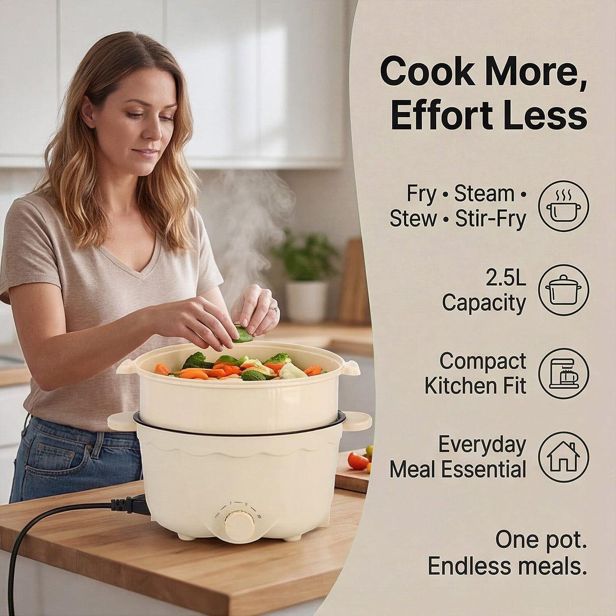 Bliss &amp; Beyond Electric Hot Pot, Frying, Stewing, And Stir-Fry Functions, Adjustable Temperature (2.5 Liters) - Beige 8225537 1