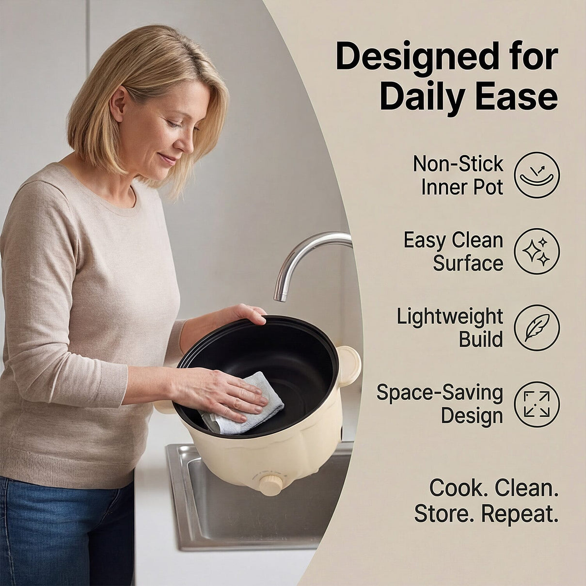 Bliss &amp; Beyond Electric Hot Pot, Frying, Stewing, And Stir-Fry Functions, Adjustable Temperature (2.5 Liters) - Beige 8225537 3