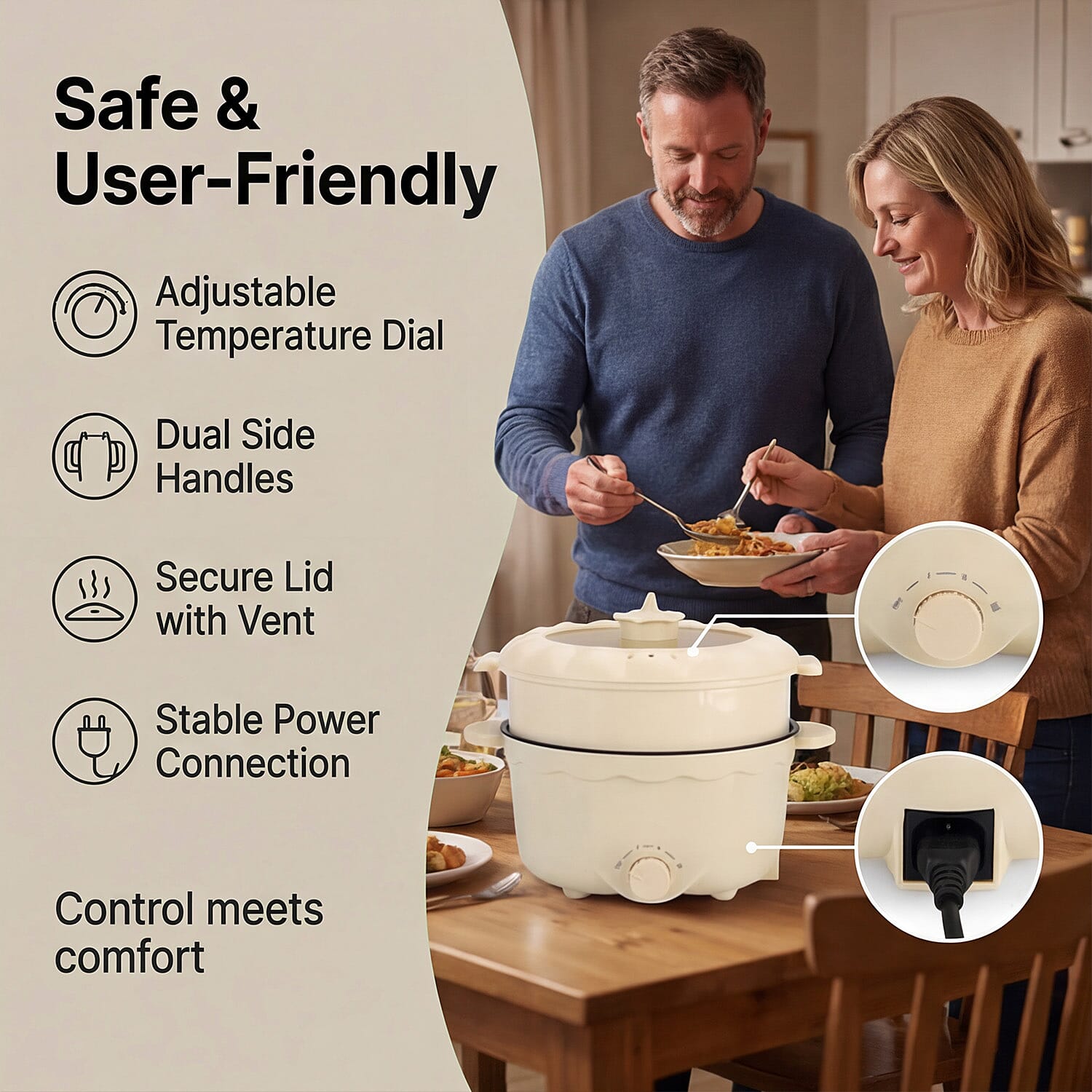 Bliss &amp; Beyond Electric Hot Pot, Frying, Stewing, And Stir-Fry Functions, Adjustable Temperature (2.5 Liters) - Beige 8225537 4