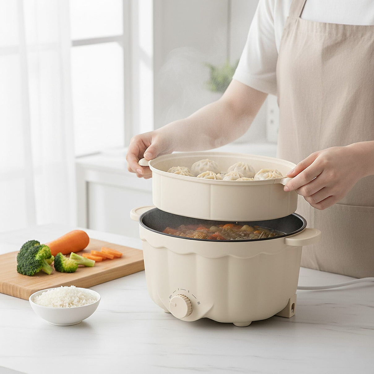 Bliss &amp; Beyond Electric Hot Pot, Frying, Stewing, And Stir-Fry Functions, Adjustable Temperature (2.5 Liters) - Beige 8225537 5