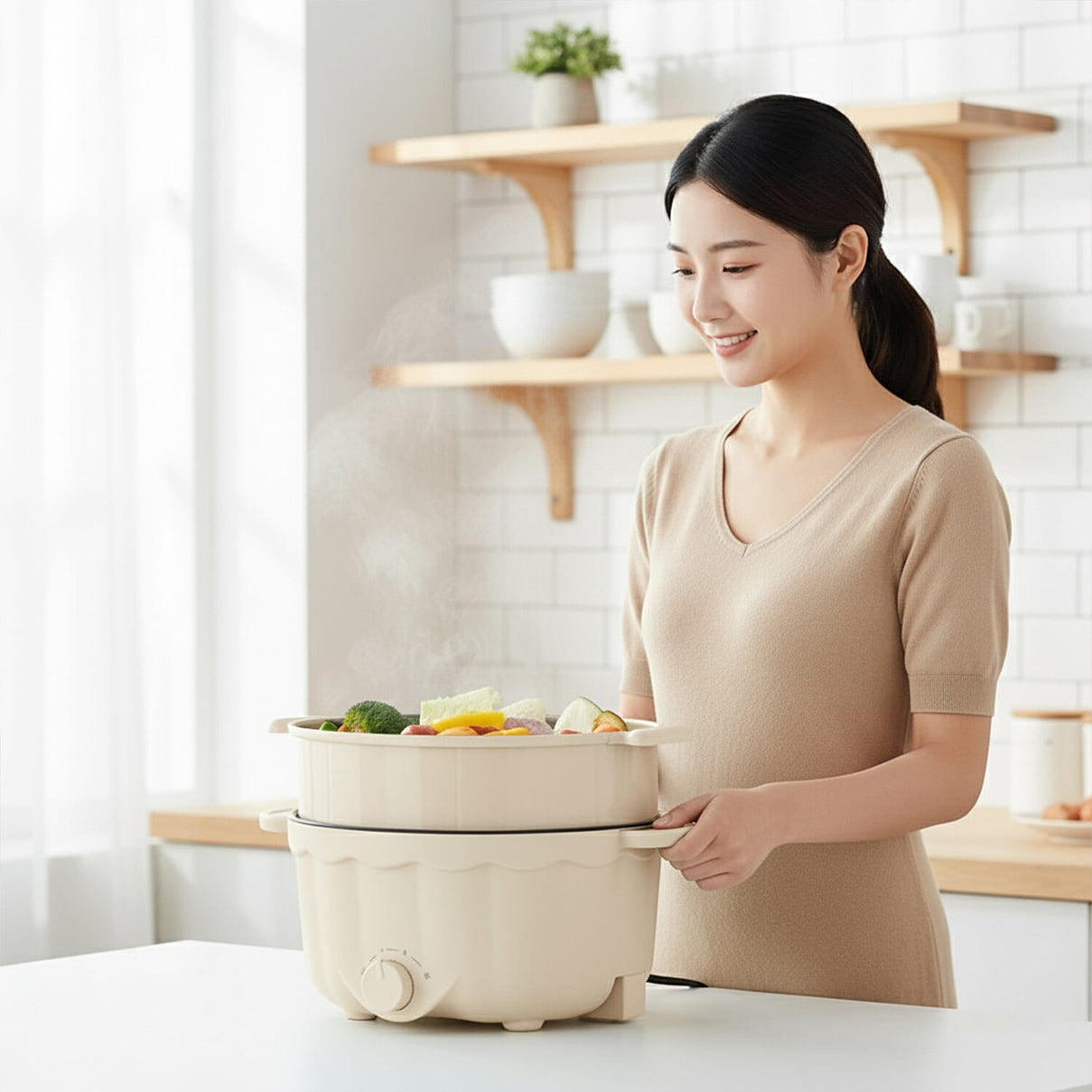 Bliss &amp; Beyond Electric Hot Pot, Frying, Stewing, And Stir-Fry Functions, Adjustable Temperature (2.5 Liters) - Beige 8225537 6