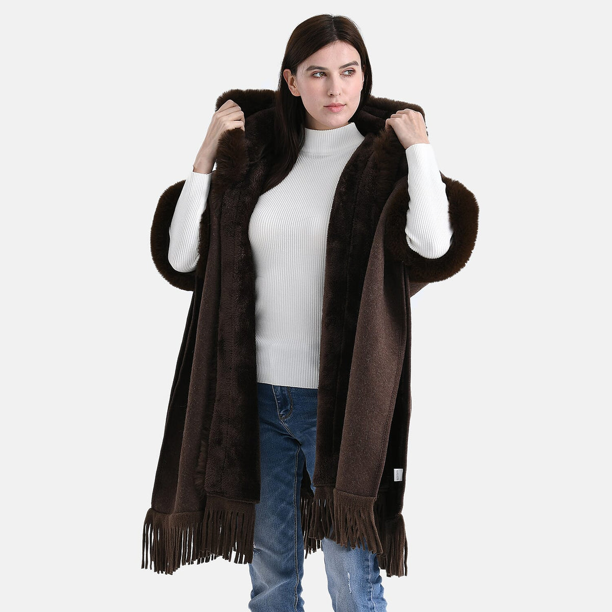 La Marey Signature Faux Fur Poncho with Tassels (110 x 90 cm) - Brown 8225663 0