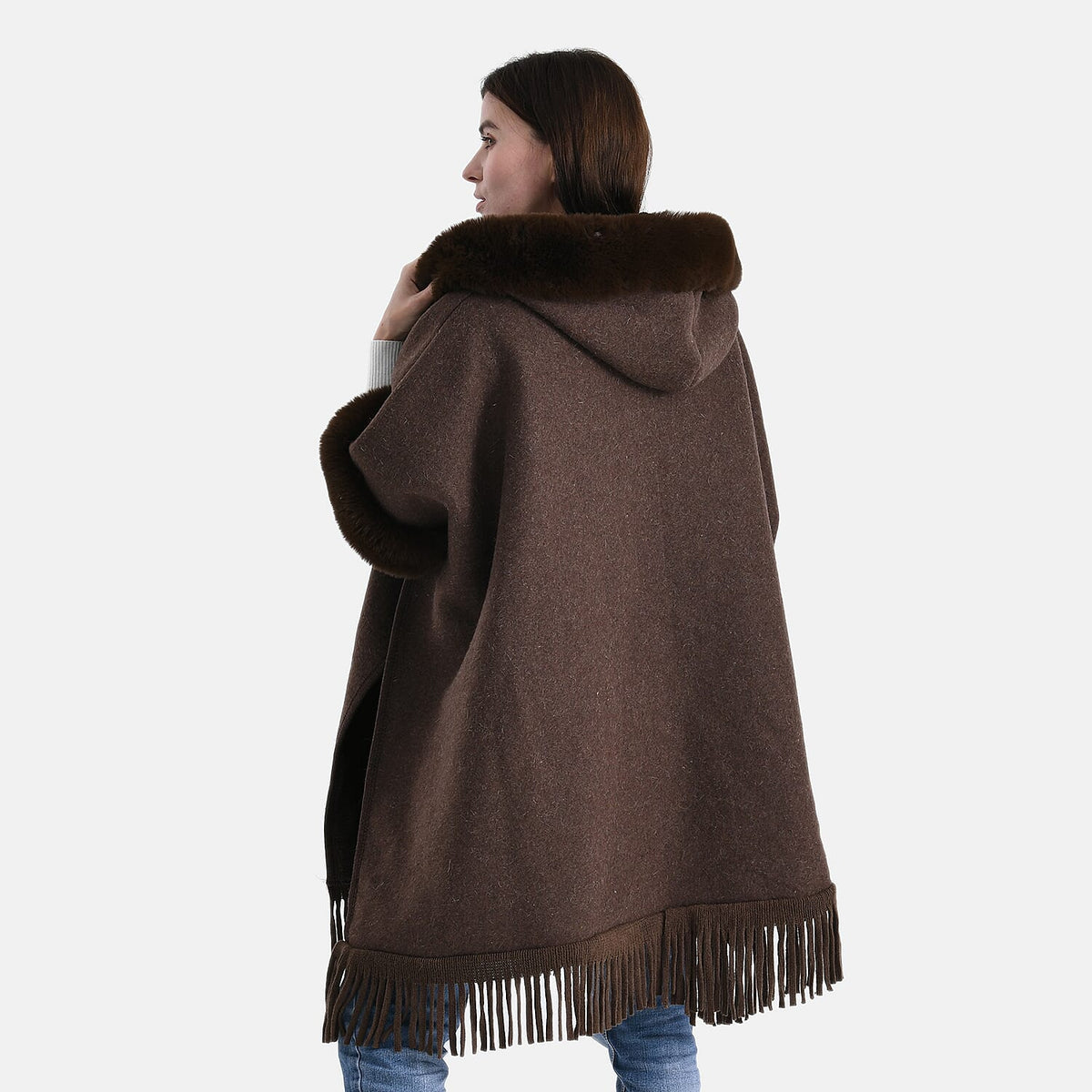 La Marey Signature Faux Fur Poncho with Tassels (110 x 90 cm) - Brown 8225663 2