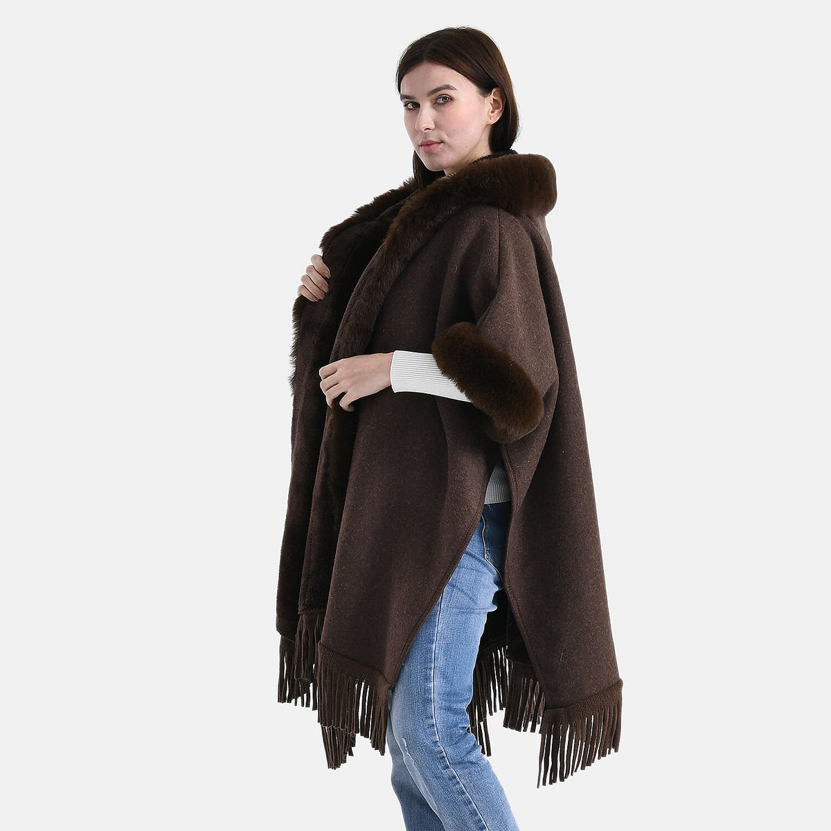 La Marey Signature Faux Fur Poncho with Tassels (110 x 90 cm) - Brown 8225663 4