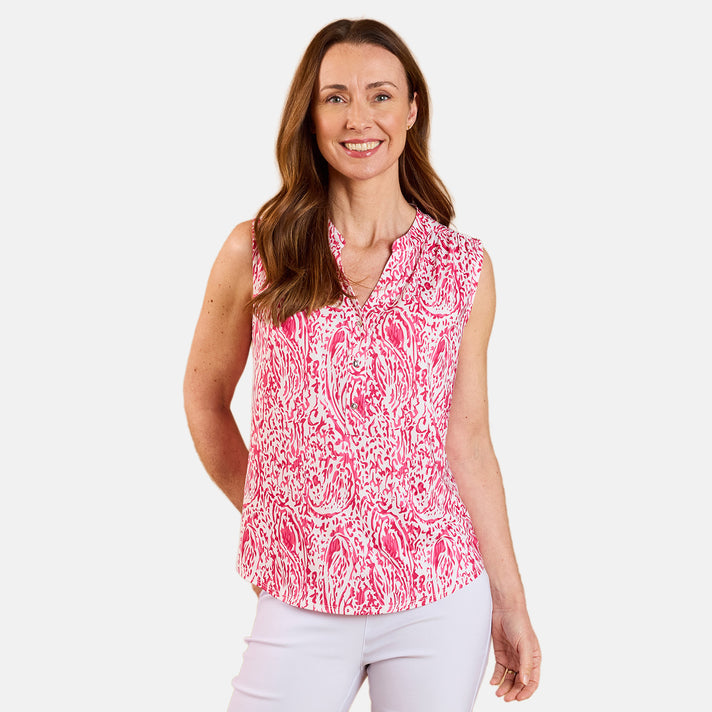 Emreco Sleeveless Print Mandarin Collar Blouse (Size 16) - Pink 8226370 1