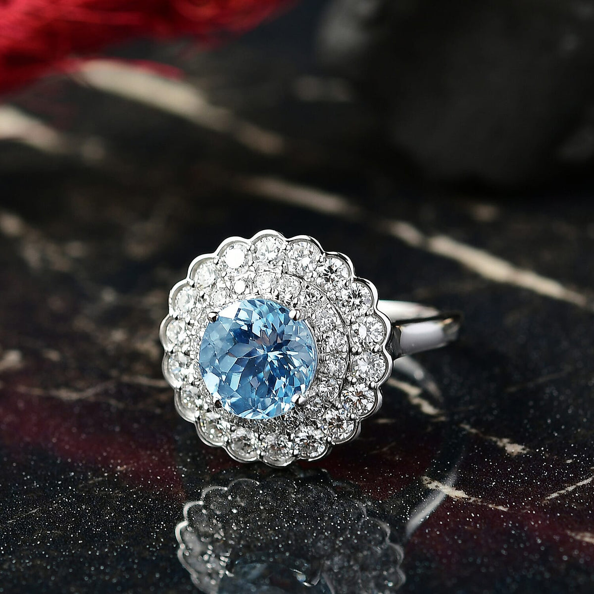 Certified and Appraised LUXURIANT AAA Aquamarine, Lab Grown Diamond GH, SI Main Stone With Side Stone Ring in 10K White Gold, Gold Wt.3.35 Gms 2.820 Ct. 8227359 1