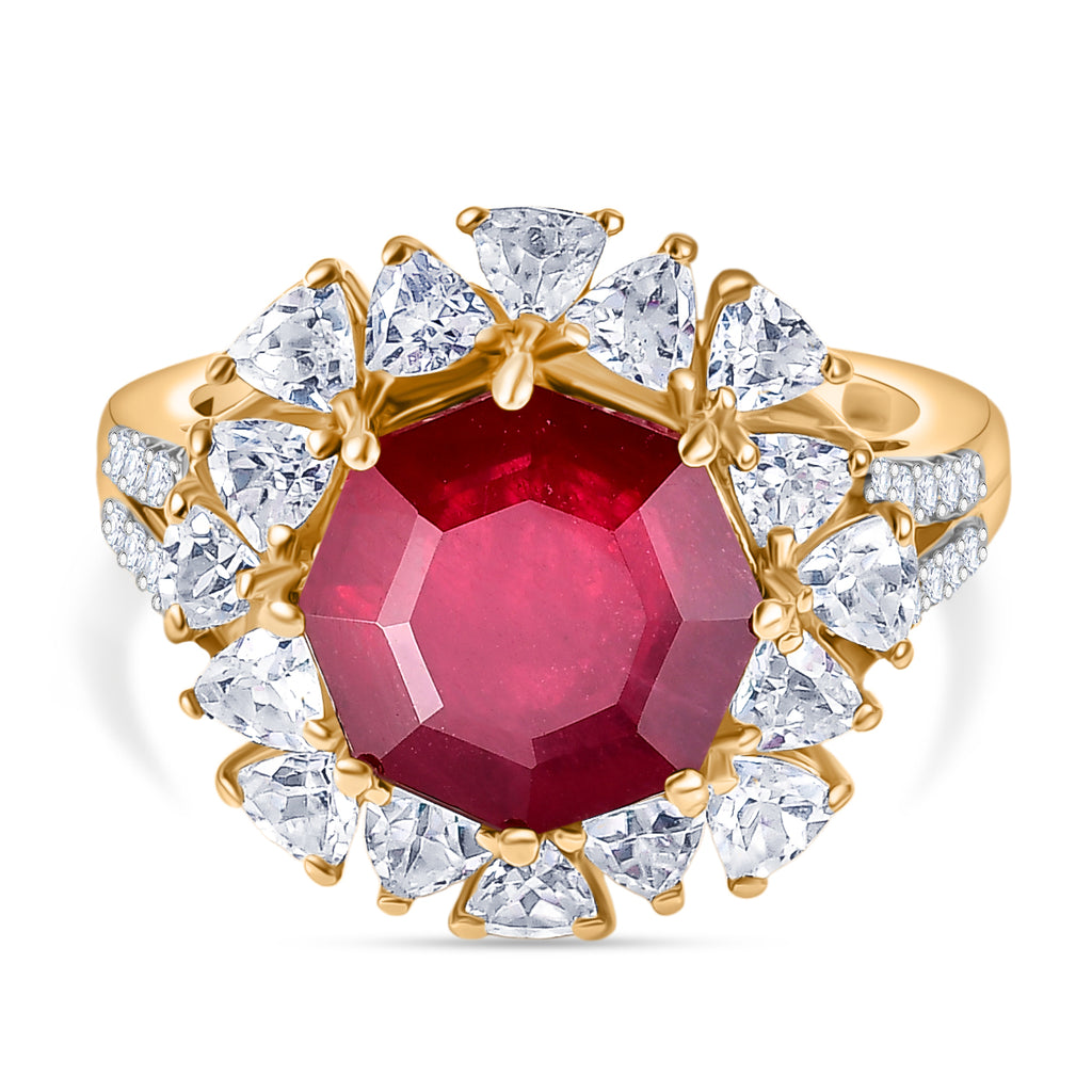D'Joy - First Time Ever Octillion Cut African Ruby & White Zircon Floral Halo Ring in 18K Vermeil Yellow Gold Plated Sterling Silver 8.80 Ct._8228071
