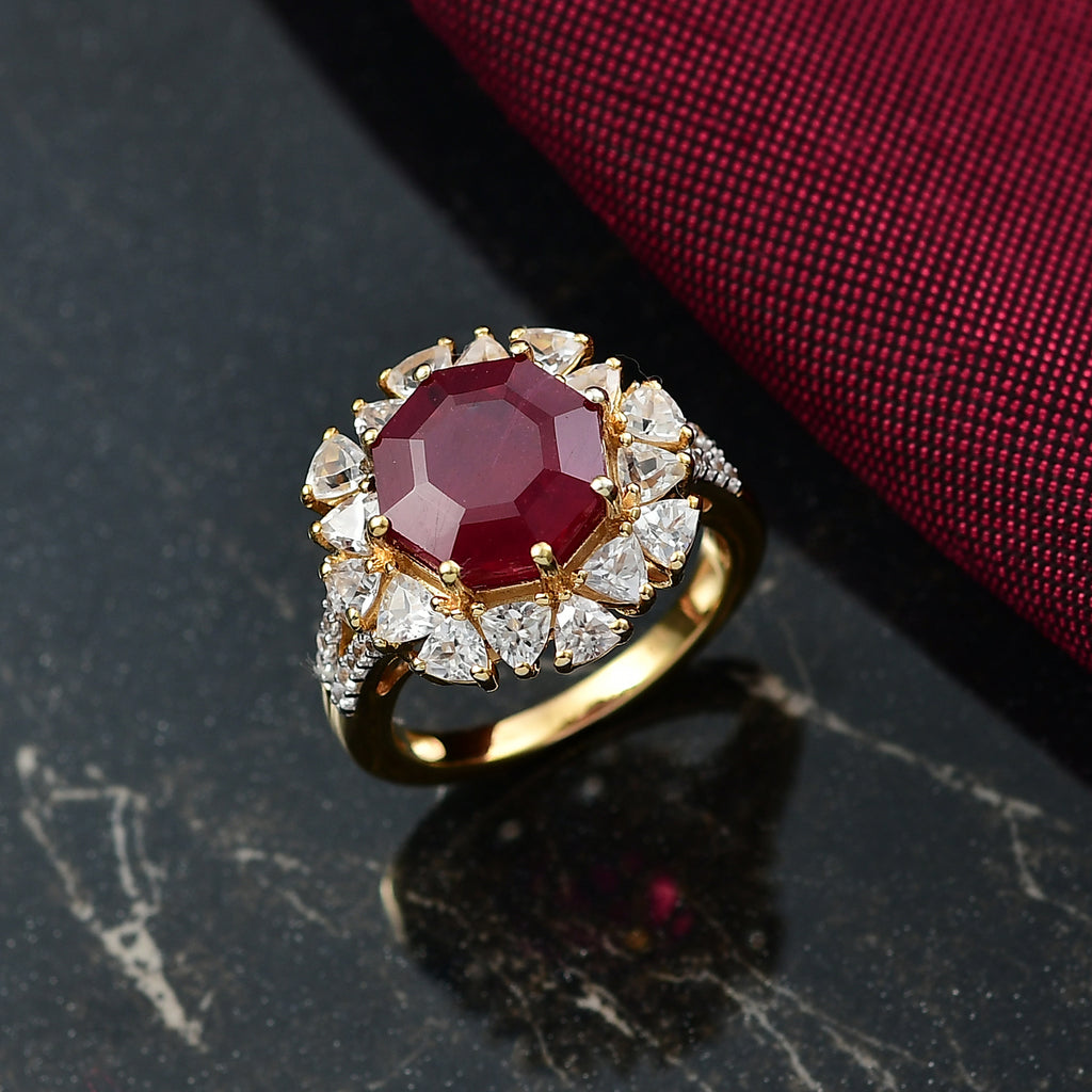 D'Joy - First Time Ever Octillion Cut African Ruby & White Zircon Floral Halo Ring in 18K Vermeil Yellow Gold Plated Sterling Silver 8.80 Ct._8228071_1