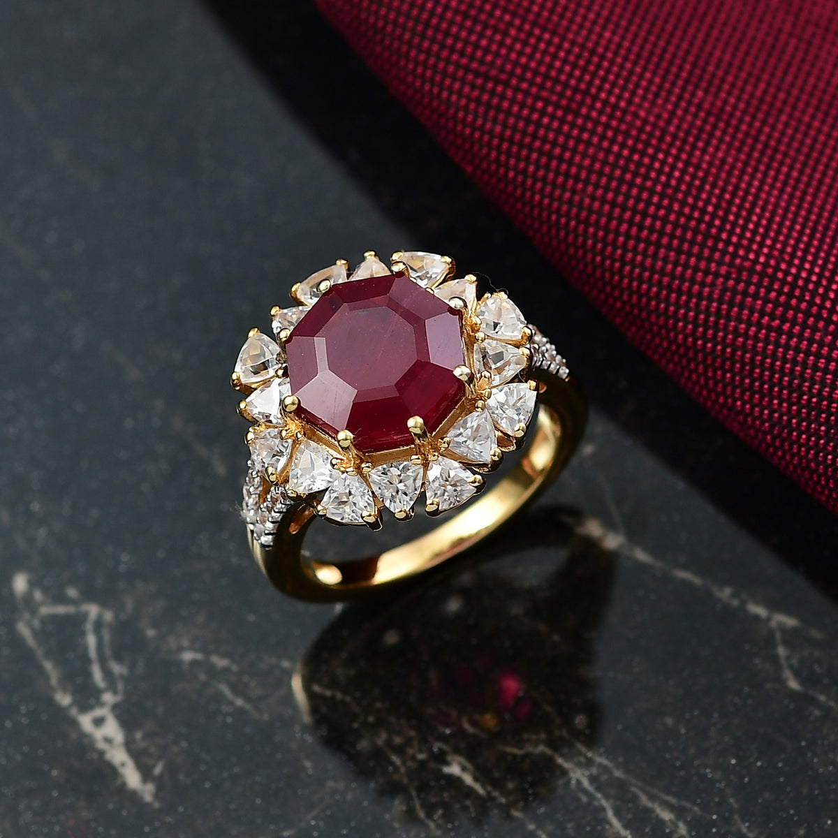 Octillion Cut African Ruby, White Zircon Ring in 18K Vermeil Yellow Gold Plated Sterling Silver 8.79 Ct. 8228071 1