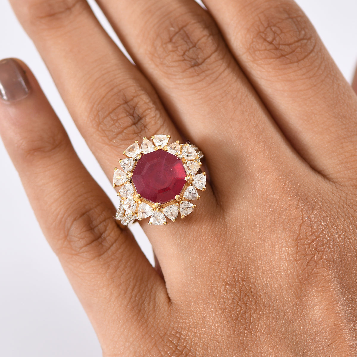 Octillion Cut African Ruby, White Zircon Ring in 18K Vermeil Yellow Gold Plated Sterling Silver 8.79 Ct. 8228071 2