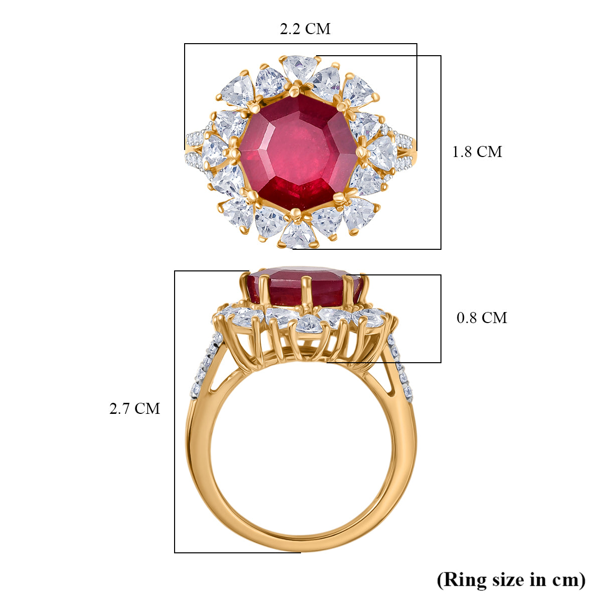 Octillion Cut African Ruby, White Zircon Ring in 18K Vermeil Yellow Gold Plated Sterling Silver 8.79 Ct. 8228071 5