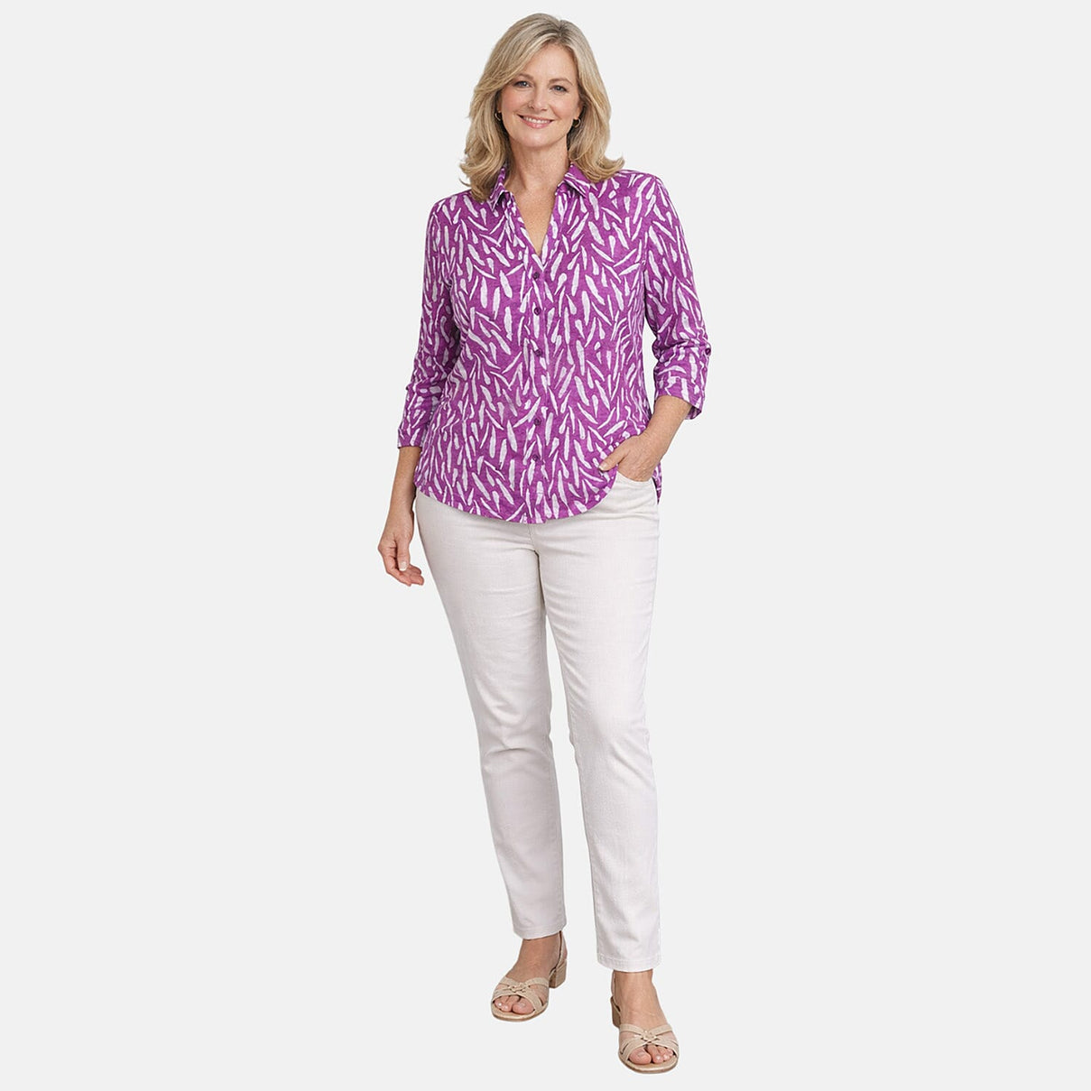 Charlotte West 100% Cotton Printed 3/4 Sleeve Blouse With Side Vent (Size 14) - Pink V32518401 0