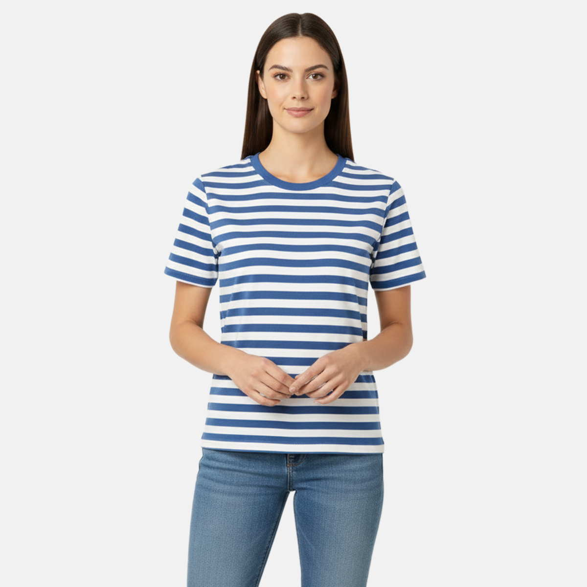 Charlotte West 100% Cotton Striped Jersey Ribbed Neck T-Shirt (Size 14) - Blue V32526741 0