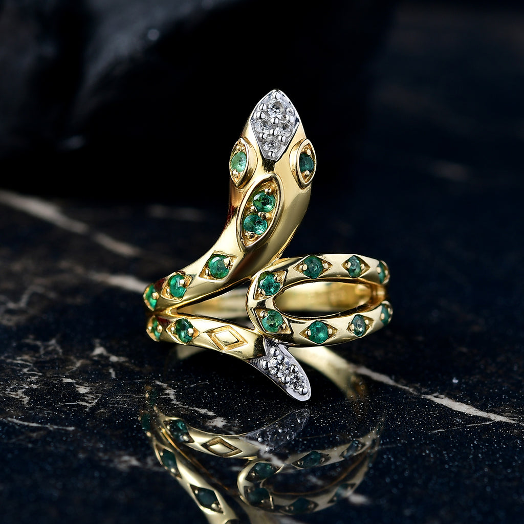 D'Joy - Zambian Emerald Snake Ring in Yellow Gold Plating Sterling Silver_8229416_1