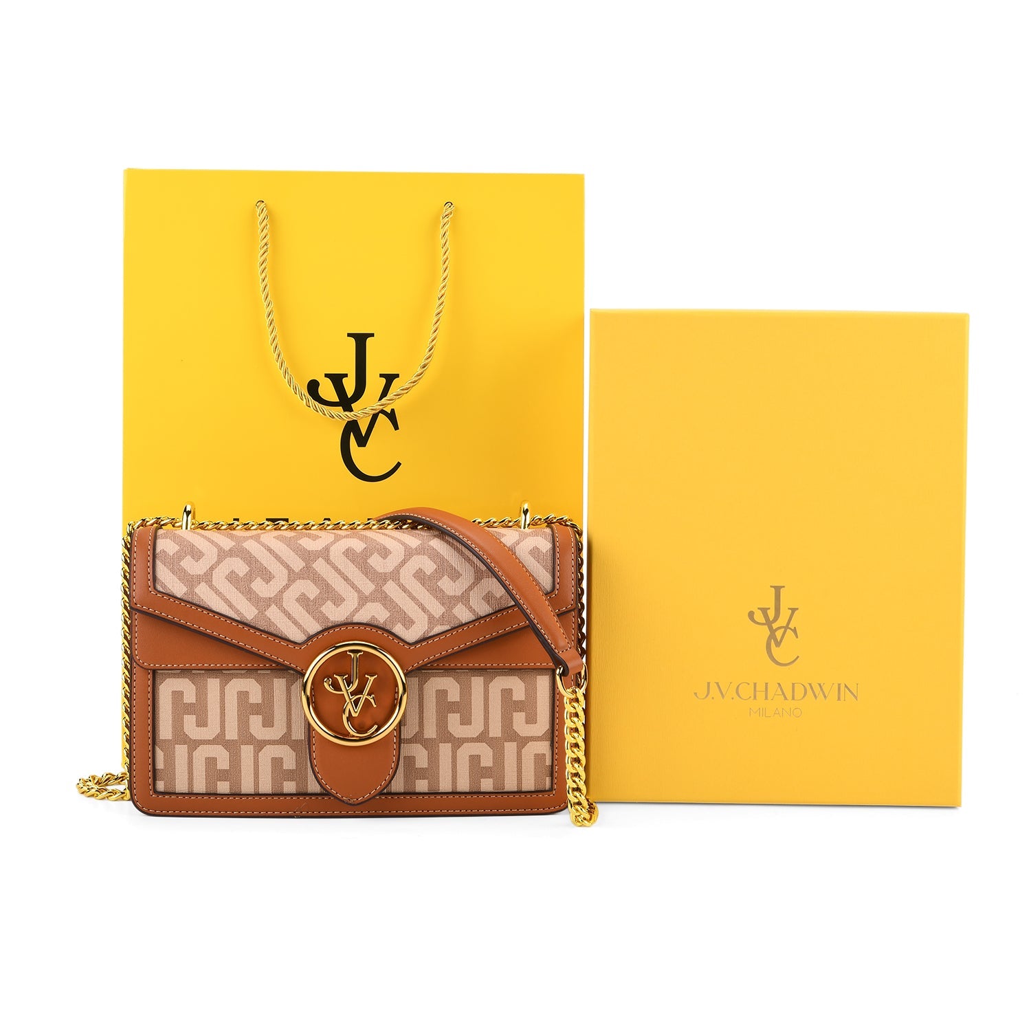 JVC- Milano Style Shoulder Bag with Chain Strap (128 cm) - Tan &amp; Beige V32355060 7