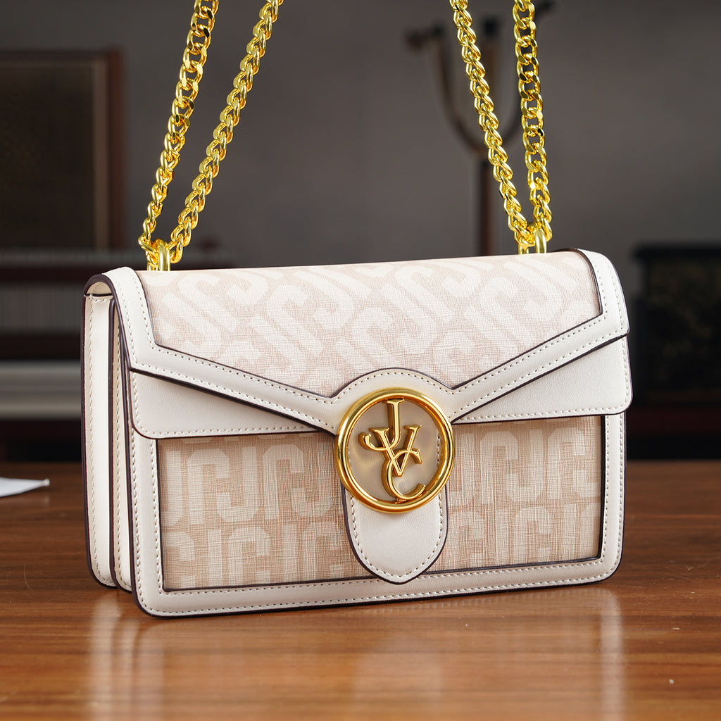 JVC- Milano Style Shoulder Bag with Chain Strap (128 cm) - Ivory & Brown_8231308_1