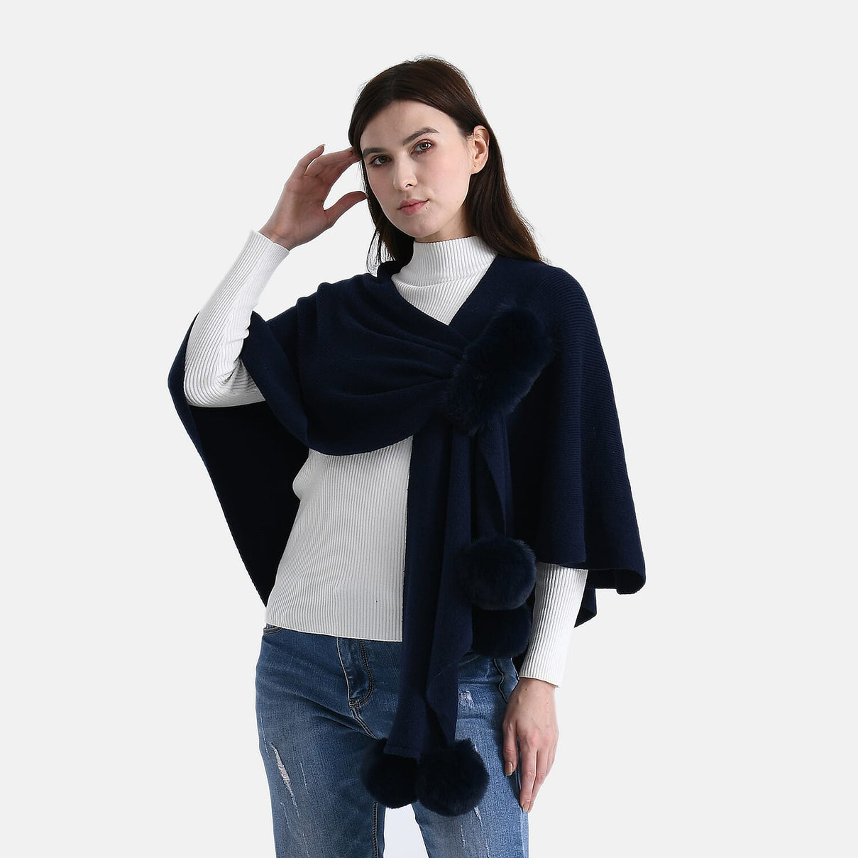 La Marey Super Soft Faux Fur Trim Shawl (145 x 100cm) - Navy V32515296 0