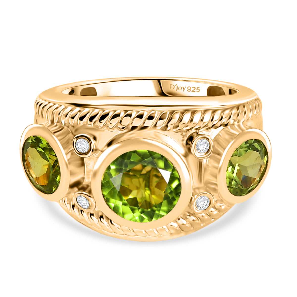 D'joy Natural Hebei Peridot, White Zircon Trilogy Ring in Yellow Gold Plated Sterling Silver 3.97 Ct. V32563027 0