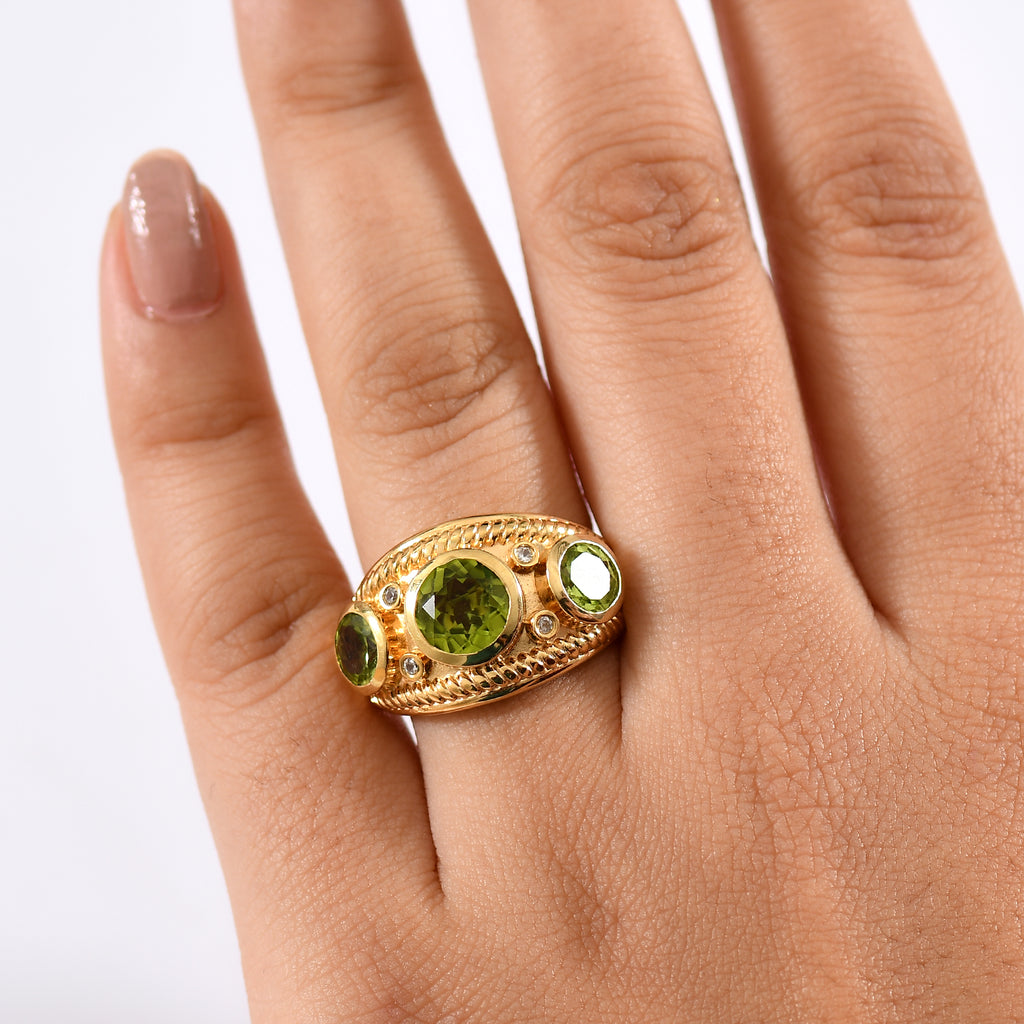 D'joy Peridot & White Zircon Ring in Yellow Gold Plating Sterling Silver 3.97 Ct, Silver Wt. 6.40 Gms._8232793_2