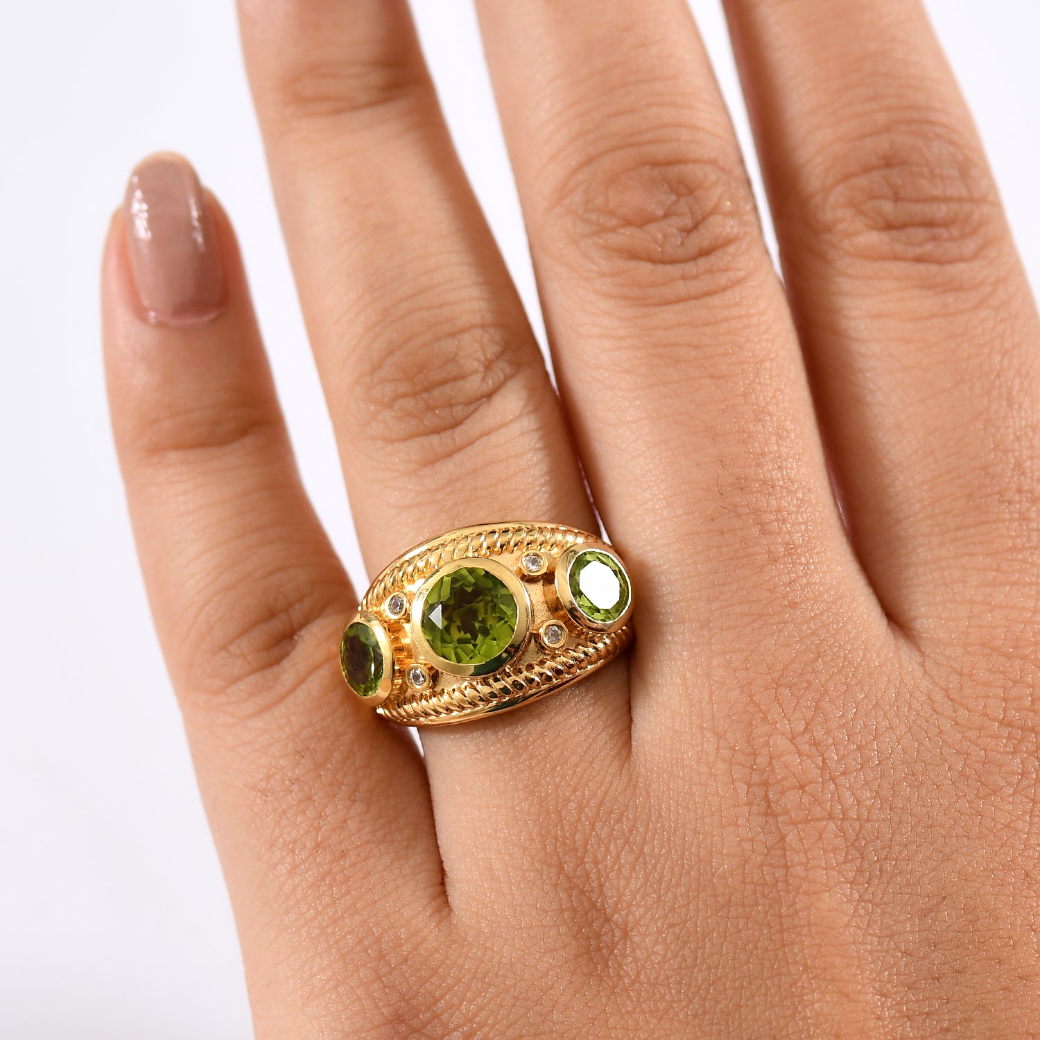 D'joy Natural Hebei Peridot, White Zircon Trilogy Ring in Yellow Gold Plated Sterling Silver 3.97 Ct. V32514316 3