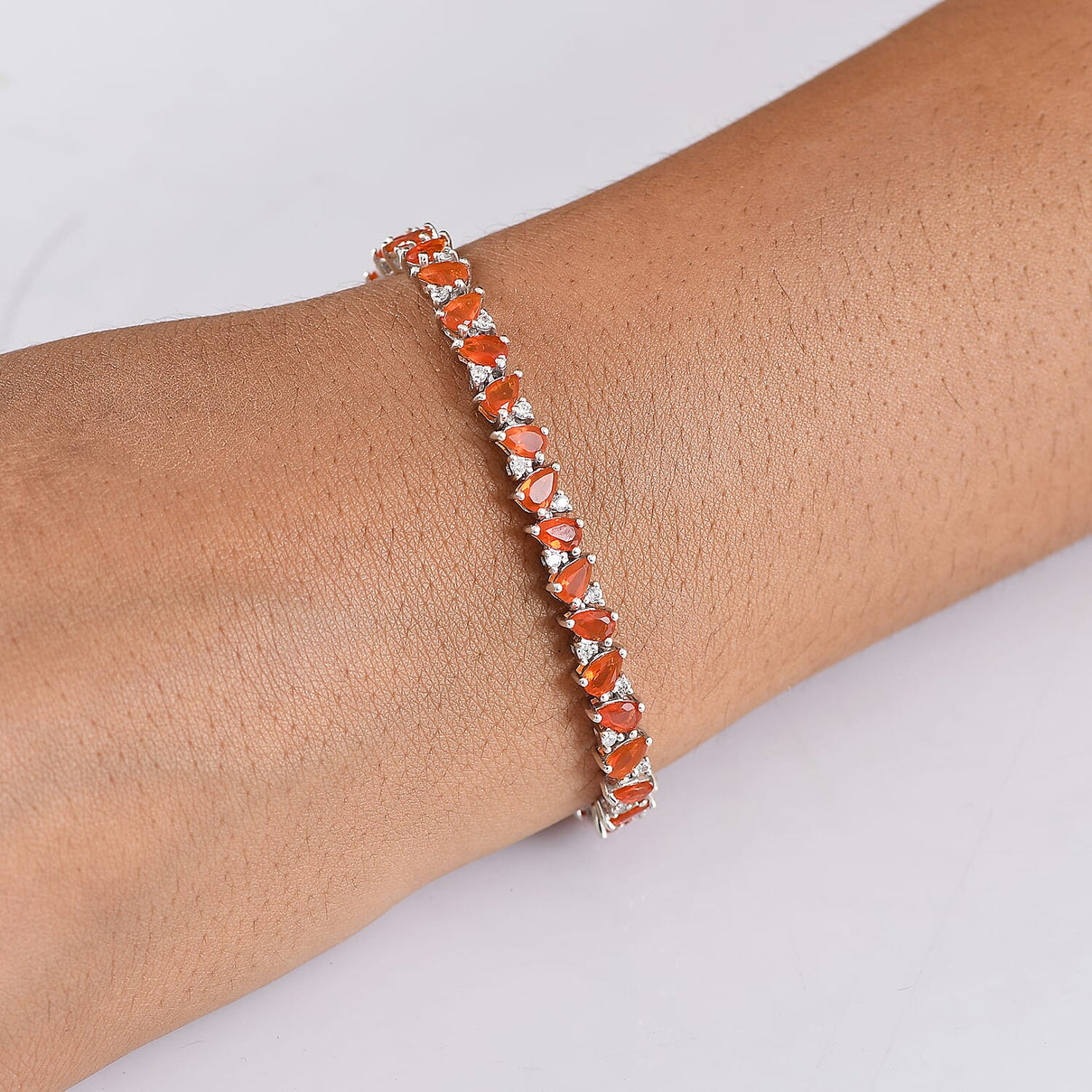 D'joy Crimson Fire Opal, White Zircon Linking Bracelet (Size - 7.5) with GB Lock Box in Rhodium Overlay Sterling Silver 6.15 Ct. 8233165 3
