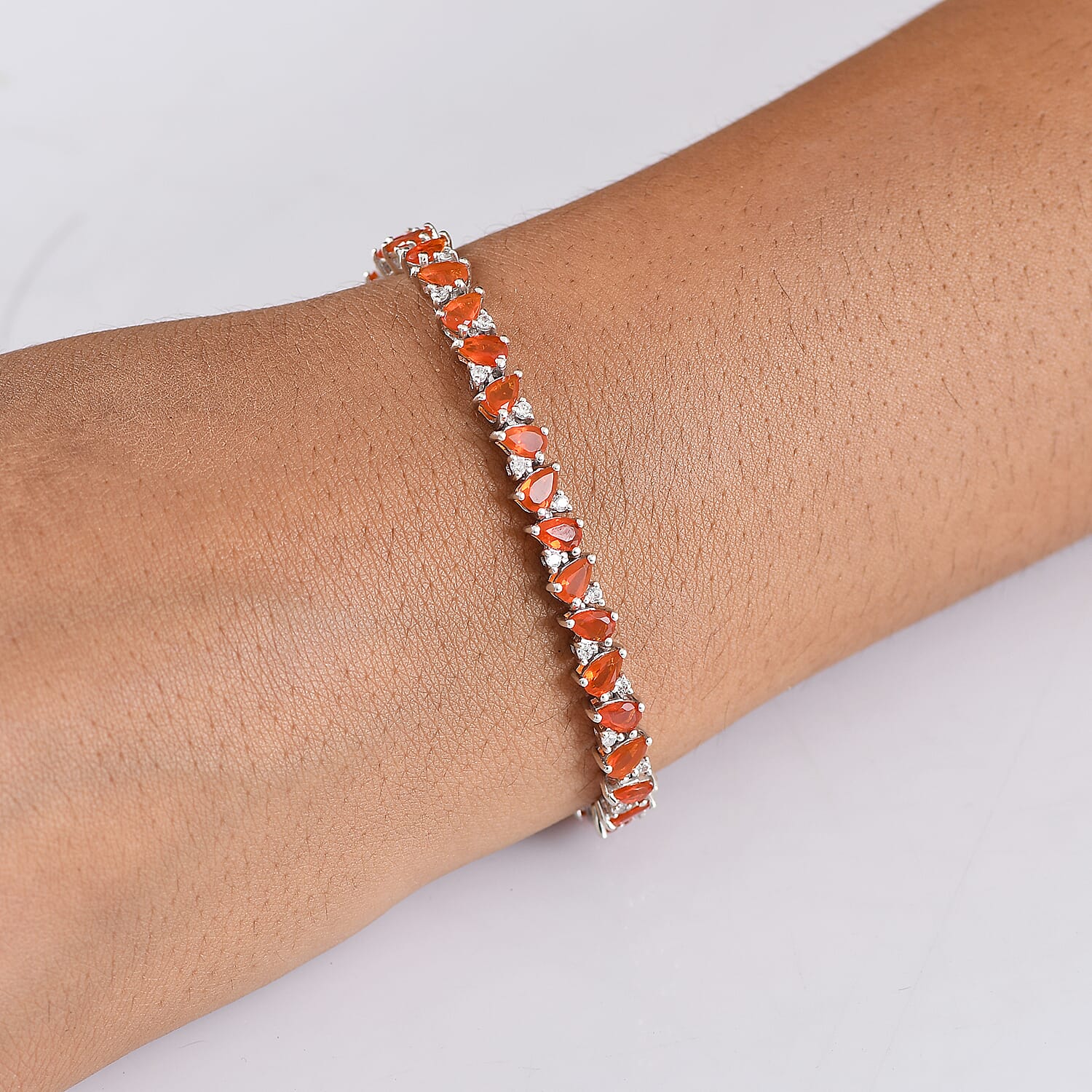 D'joy Crimson Fire Opal, White Zircon Linking Bracelet (Size - 7.5) with GB Lock Box in Rhodium Overlay Sterling Silver 6.15 Ct. 8233165 3