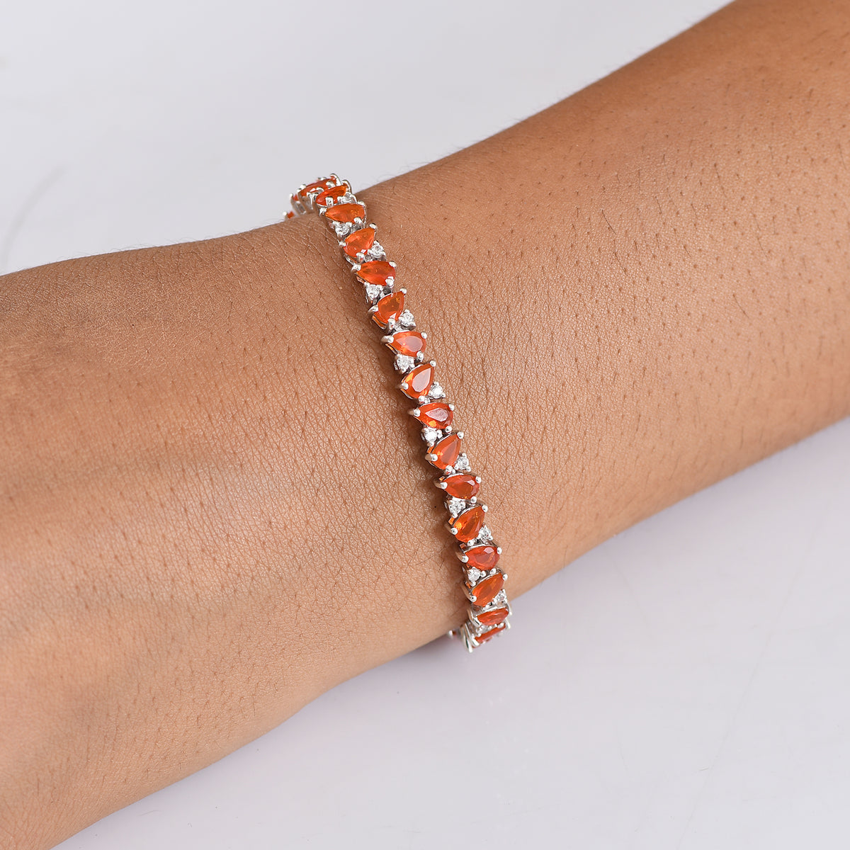 D'Joy Crimson Fire Opal, White Zircon Linking Bracelet (Size - 7) with Box Clasp in Rhodium Overlay Sterling Silver 8233168 3