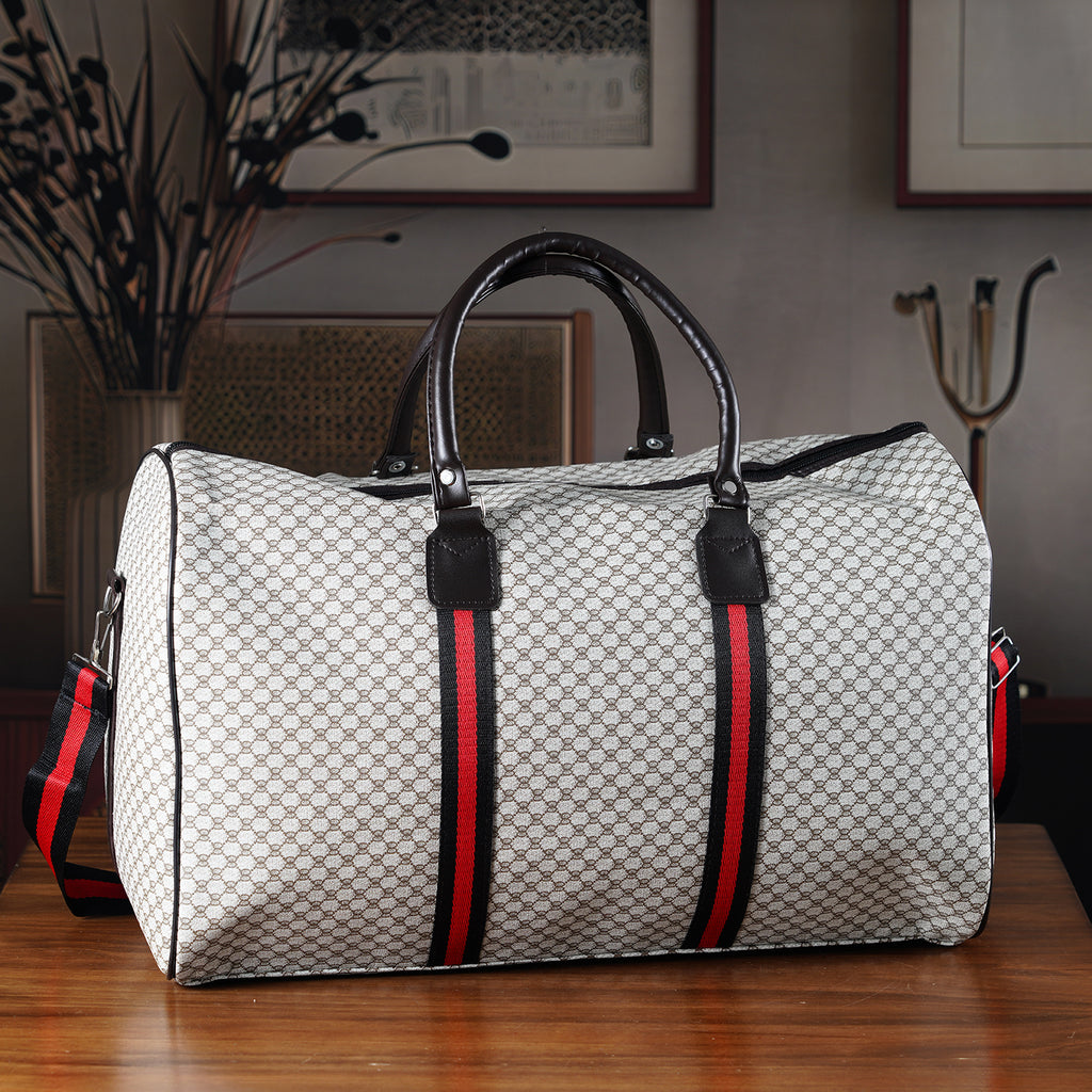 Monogram Pattern Travel Duffel Bag with Red Stripe Detail (50 x 30 cm) - Beige_8233401_1