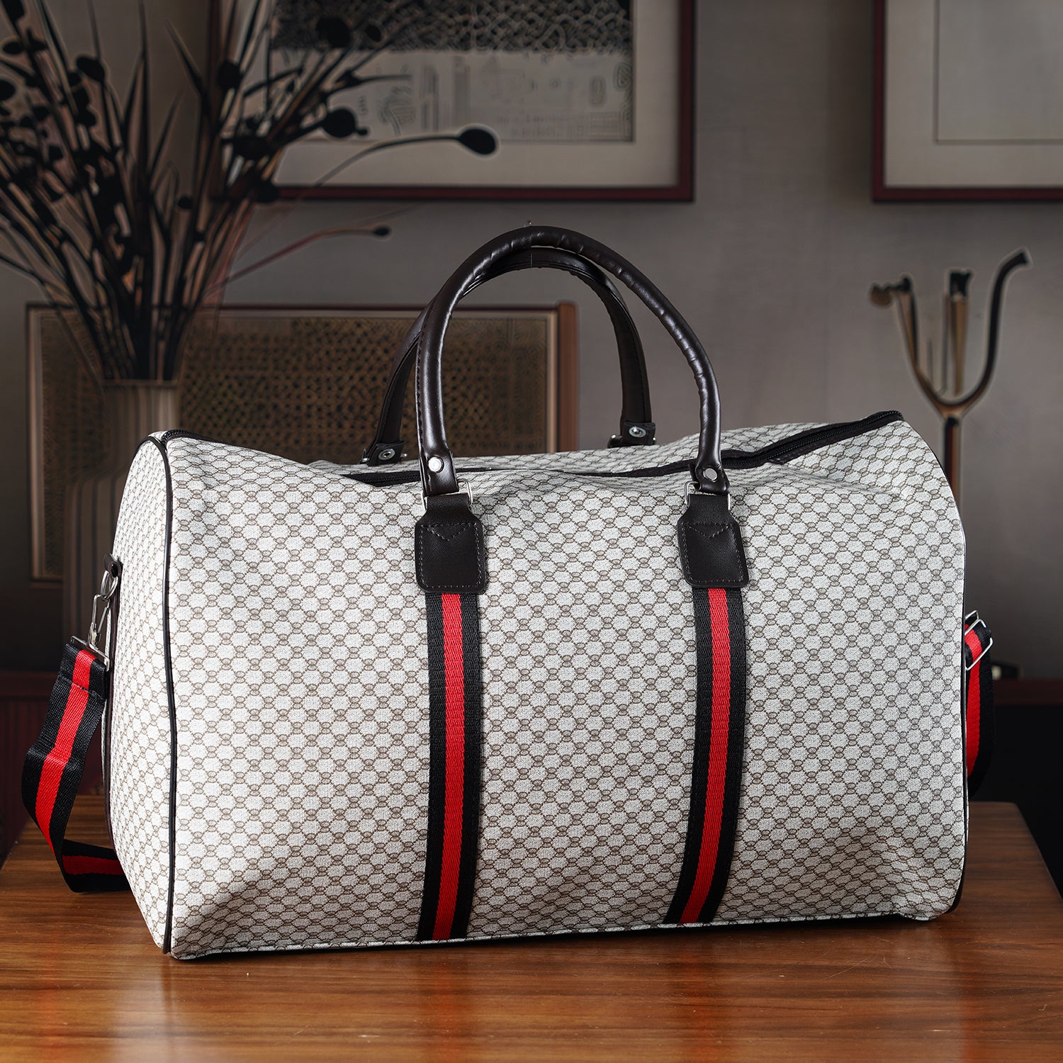 Monogram Pattern Travel Duffel Bag with Red Stripe Detail V32535240 2