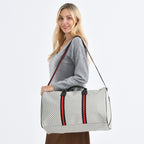 Monogram Pattern Travel Duffel Bag with Red Stripe Detail (50 x 30 cm) - Beige_8233401_2