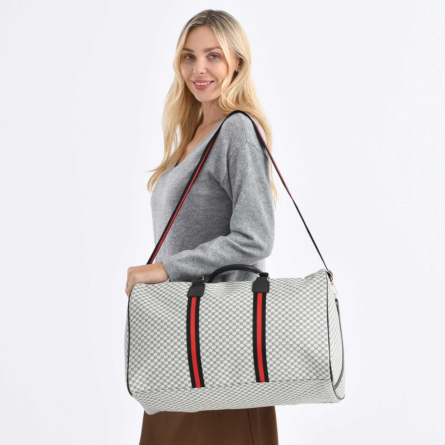 Monogram Pattern Travel Duffel Bag with Red Stripe Detail V32535240 3