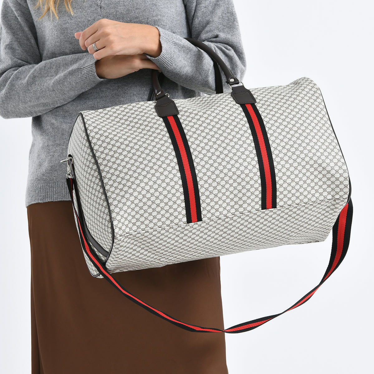 Monogram Pattern Travel Duffel Bag with Red Stripe Detail V32535240 4