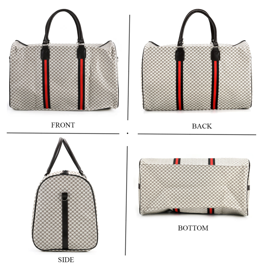 Monogram Pattern Travel Duffel Bag with Red Stripe Detail (50 x 30 cm) - Beige_8233401_4