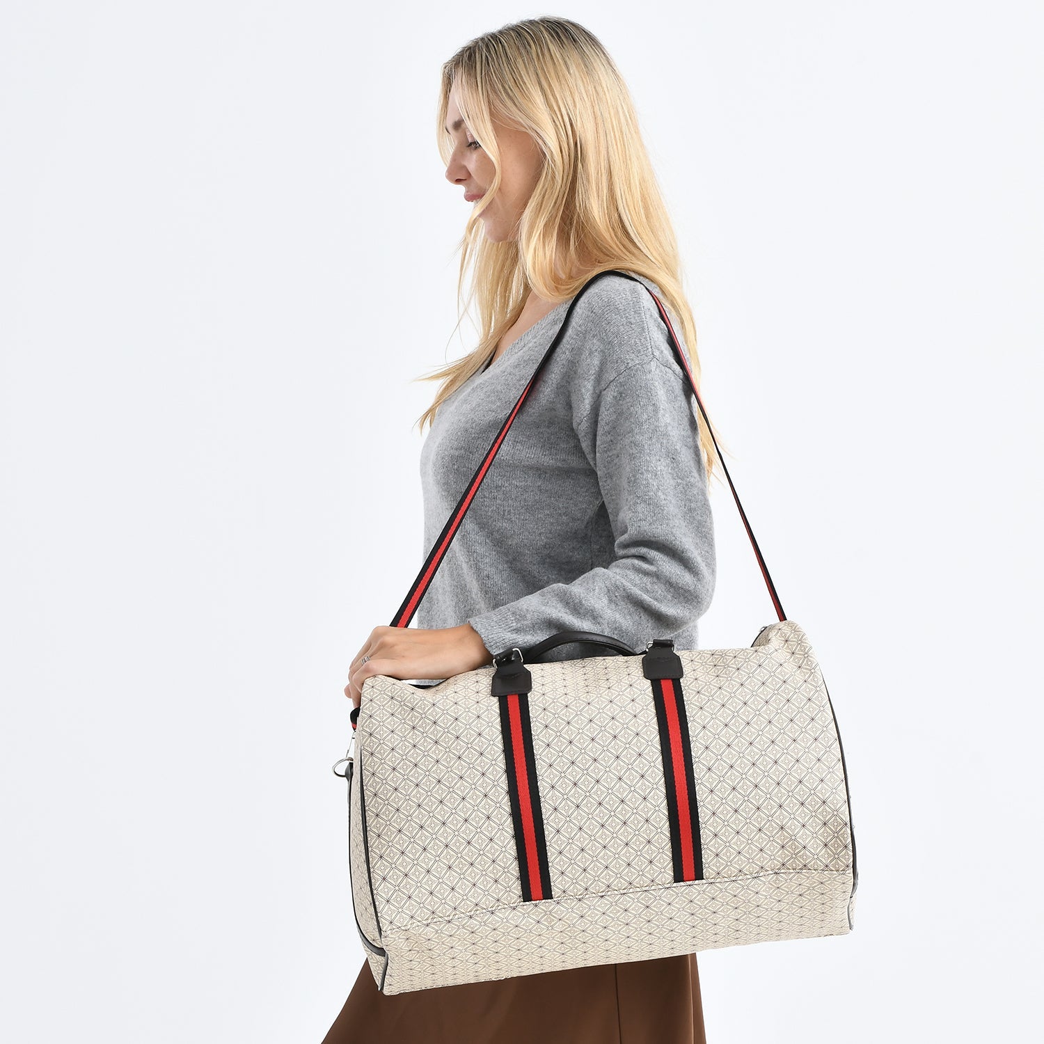 Monogram Pattern Travel Duffel Bag with Red Stripe Detail V32358071 3