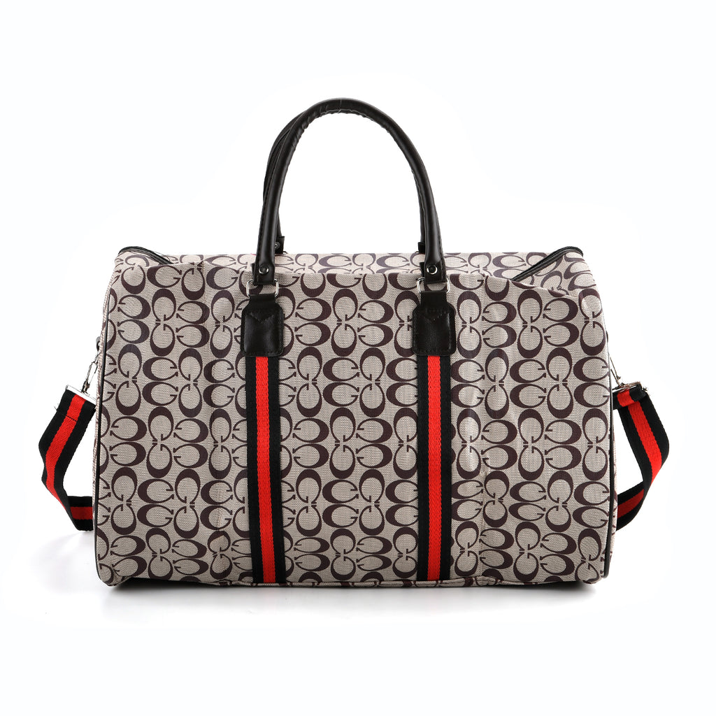Monogram Pattern Travel Duffel Bag with Red Stripe Detail (50 x 30 cm) - Khaki_8233403
