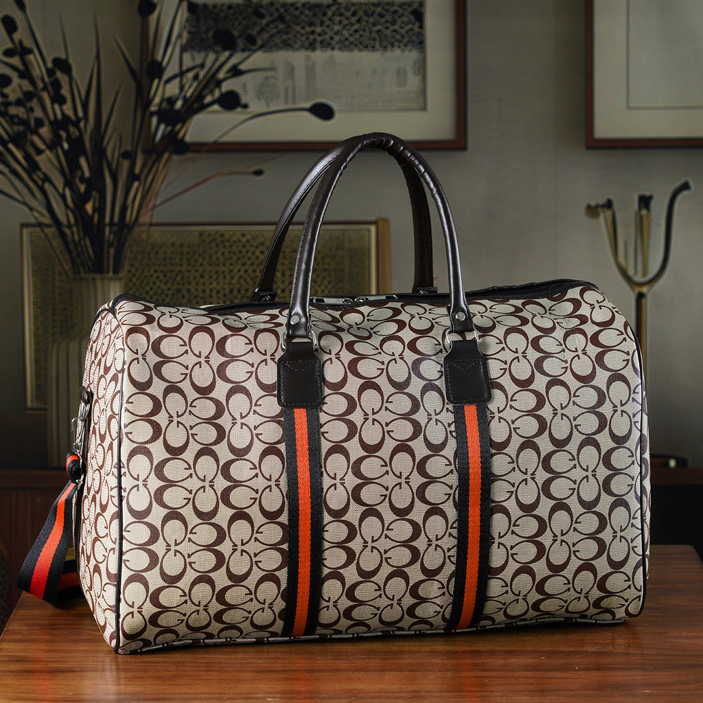 Monogram Pattern Travel Duffel Bag with Red Stripe Detail (50 x 30 cm) - Khaki_8233403_1