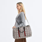 Monogram Pattern Travel Duffel Bag with Red Stripe Detail (50 x 30 cm) - Khaki_8233403_2