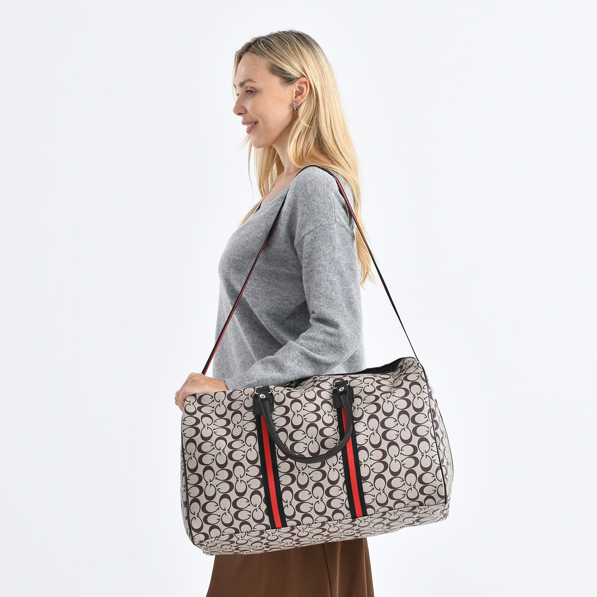 Monogram Pattern Travel Duffel Bag with Red Stripe Detail 8233403 3