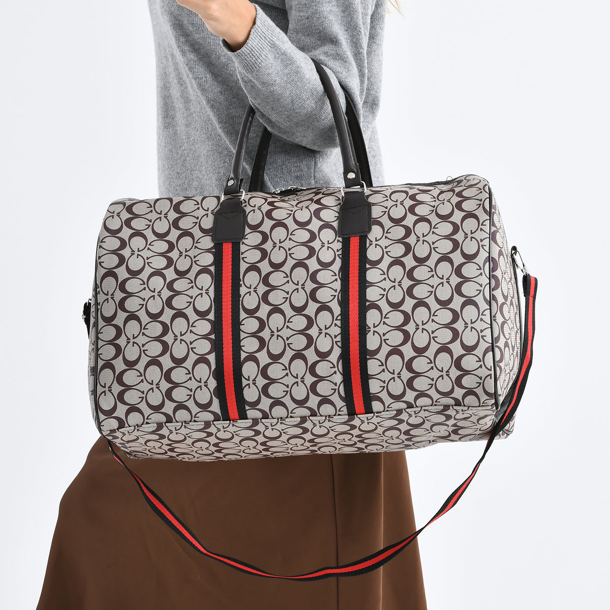 Monogram Pattern Travel Duffel Bag with Red Stripe Detail 8233403 4